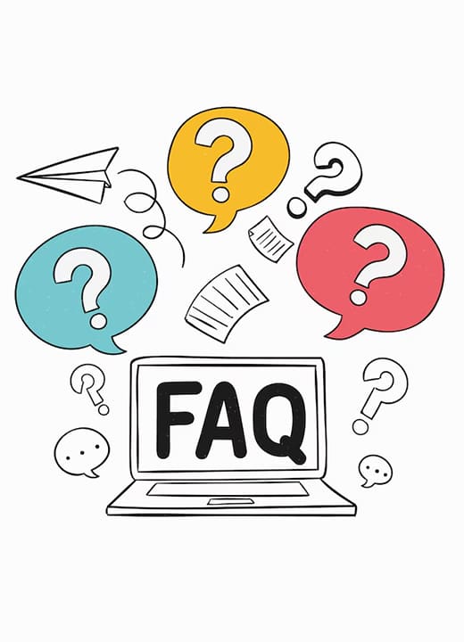 Colorful FAQ illustration (laptop with "FAQ" text, question bubbles) for Jiurun aluminum cutter technical FAQ page