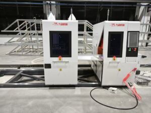 JR-550 New Energy Vehicle Dedicated Dual-Head Angle Saw in Production Workshop Setting